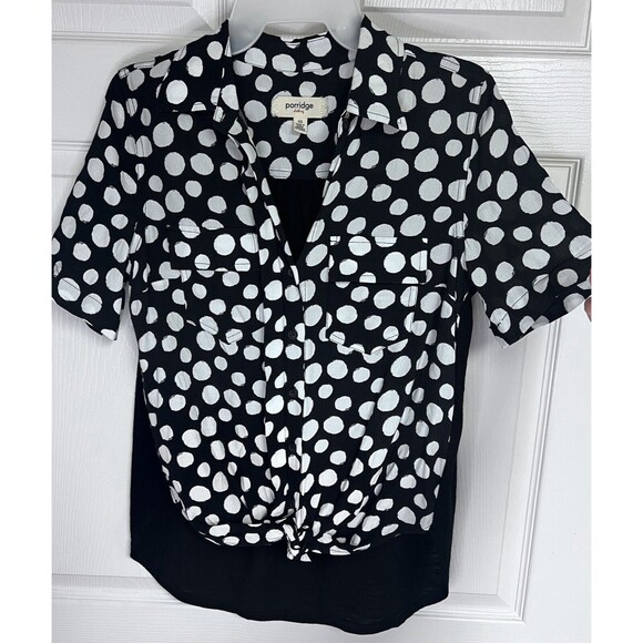 Porridge Clothing Anthropologie Black Polka Dot Tie Waist Button Shirt Sz XS - Picture 1 of 6
